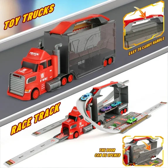 2-in-1 Carrier Truck Race Track Playset, 37" Extra-Long Track w/ Parking Lot, 17" Transporter Carrier 4 Metal Mini Cars, Educational Gift Racing Toy for Boys & Girls Ages 3-8