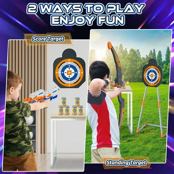 2 in 1 Light-up Archery & Foam Dart Toy Set, 2 LED Bows & 24 Suction Cup Arrows, Bow and Arrow Stanging Shooting Targets Toys, Indoor Outdoor Foam Target Game for Kids Ages 5-12