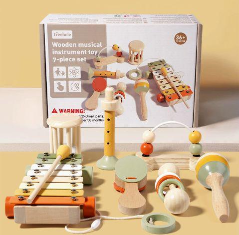 Baby Musical Instruments-Toddler Montessori Wooden Musical Toys for Kids, Neutral Colors Percussion Instruments Set Early Learning Musical Toys for Preschool Educational Birthday Gifts